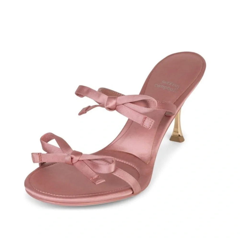 Jeffrey Campbell Bow Bow Pink Blush Satin Heeled Sandals Gold Heel Size 9.5 New
